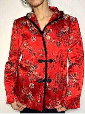 Chinese Style Embroidered Floral Jacket. Mulberry Silk and Rayon.